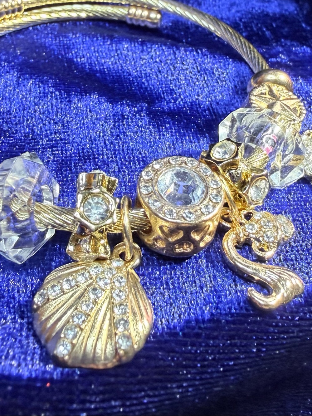 New Classic Gold and Crystal Charm Bangle Bracelet  Easy Slides on Adjustable